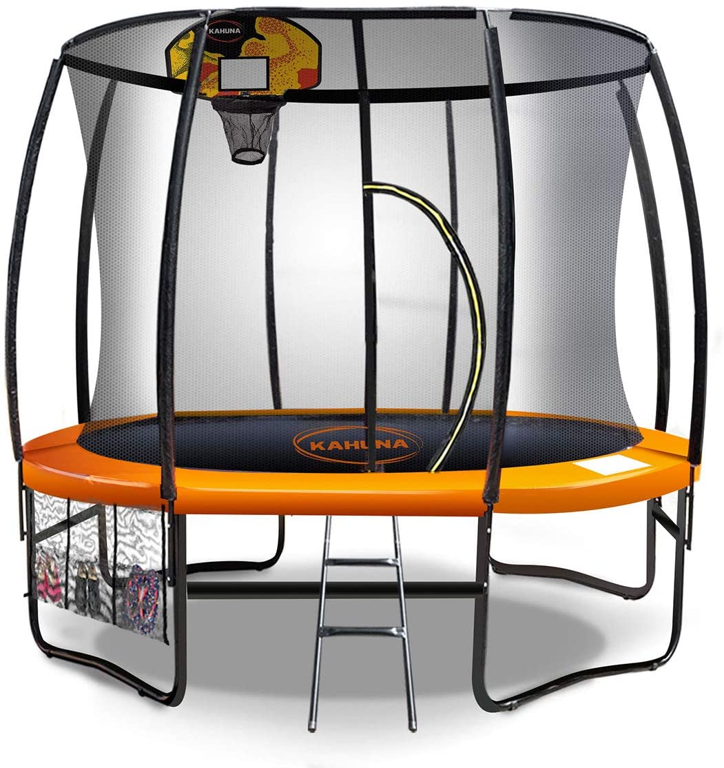 Kahuna 10 ft Trampoline with Basketball Set Outdoor Round Pad Mat Net Ladder Spring- Orange